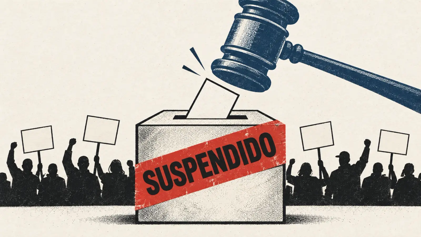Ilustración editorial: una urna de votación precintada con una banda roja que dice «SUSPENDIDO», un mazo judicial que desciende sobre ella y, al fondo, siluetas de trabajadores en huelga con pancartas.