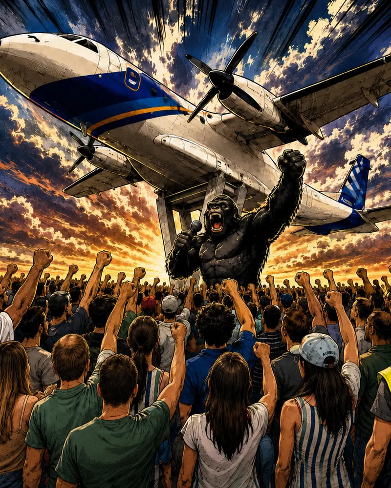 Ilustración de campaña: un gorila gigante sostiene en alto un avión de hélices mientras alza el puño y grita ante una multitud de trabajadores y trabajadoras que responden con los puños en alto, al atardecer.
